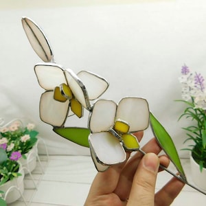 White orchid flower, Stained glass orchid, Glass flower 3d, Flower for a vase or flowerpot, garden decor, gift for mom, suncatcher decor