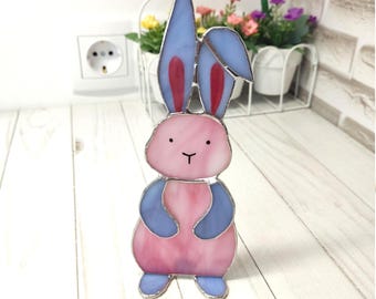 Handmade Stained Glass Bunny Figurine, Pink Rabbit Table Decor for Easter or Nursery
