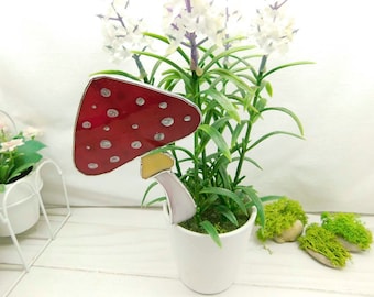 Stained glass mushroom, fly agaric garden decor, suncatcher plant with a stem