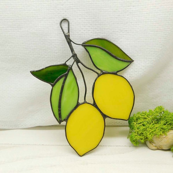 Stained glass lemon, Yellow Lemons on Branch, window hanging Suncatcher, Fruit Art Glass, Home House Decor Panel Ornament, Wall Hanging