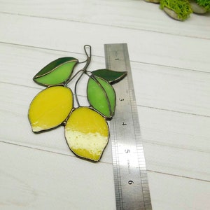 Stained glass lemon, handmade Yellow Lemons on Branch window hanging Suncatcher Fruit Art Glass Home Decor Panel Ornament Wall Hanging