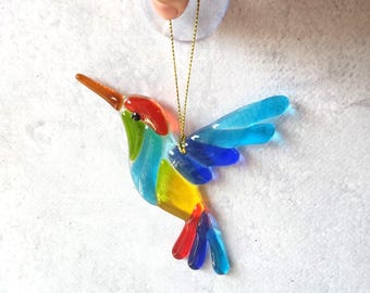 Hummingbird glass fusing, window bird suncatcher, fused Rainbow ornament decor