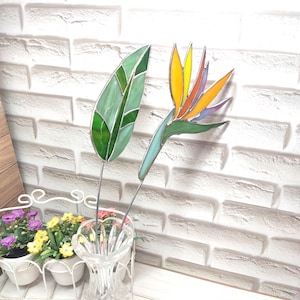 Stained glass Bird of paradise,  Stained glass Leaf, handmade garden stake, gift for sister, stained glass panel, flower pot, wedding decor