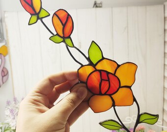 Stained glass rose window decoration, handmade rose suncatcher, flower ornament