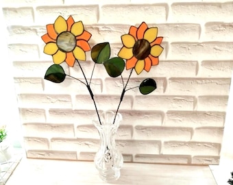 Stained Glass Sunflower Stem for Vase, Garden or Planter, Handmade Glass Flower Decor