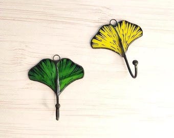 Key hanger, stained glass ginkgo leaf, wall key holder housewarming gift