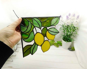 Lemons Stained glass Panel, window hanging Suncatcher, Yellow Fruit Art Glass