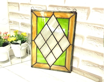 Geometric stained glass panel, handmade Window hanging, Home Wall Decor suncatcher