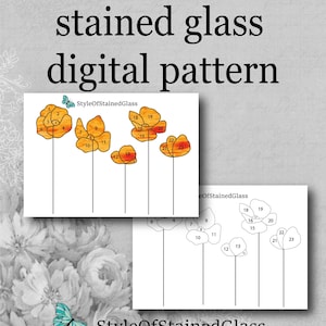Puede incluir: Un patrón digital de vidrieras que presenta dos versiones de un diseño floral con segmentos numerados. Una versión muestra tonos naranjas y amarillos, mientras que la otra es un dibujo lineal en blanco y negro. El texto dice stained glass digital pattern.