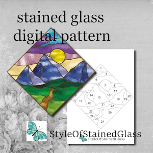 Stained glass pattern pdf landscape, Diy Stained Glass Easy mountain pattern, mountain suncatcher Digital download