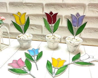 Stained Glass Potted Tulip, Mini Flower Spring Decor, Glass Art Gift for Grandmother