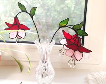 Fuchsia stained glass, plant stakes pot accessories, Plant lover gifts, flower suncatcher stake