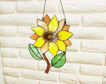 Stained glass sunflower, flower window wall hanging, stain glass panel, tiffany art