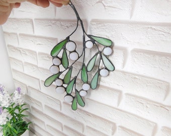 Stained glass branch with snow berries, Misltetoe branch suncatcher window hanging, Christmas decor, Leaf Thanksgiving Day, Olive branch