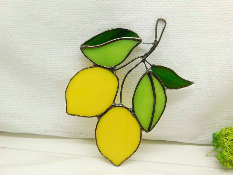 Stained glass lemon, handmade Yellow Lemons on Branch window hanging Suncatcher Fruit Art Glass Home Decor Panel Ornament Wall Hanging