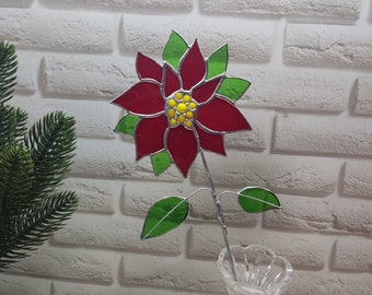 Stained glass poinsettia flower on a stem, stained glass flower, flower stake, glass poinsettia, poinsettia decor