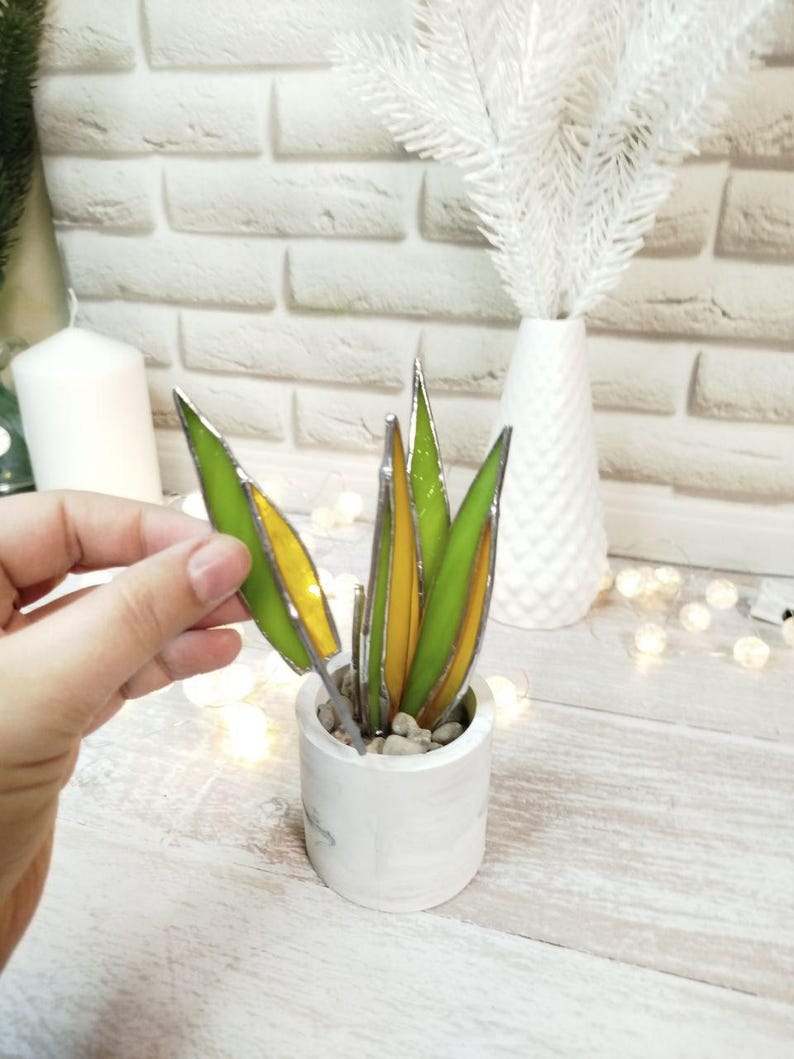 Agave stained glass, handmade fake plant decor suncatcher, Nature Desktop Succulent