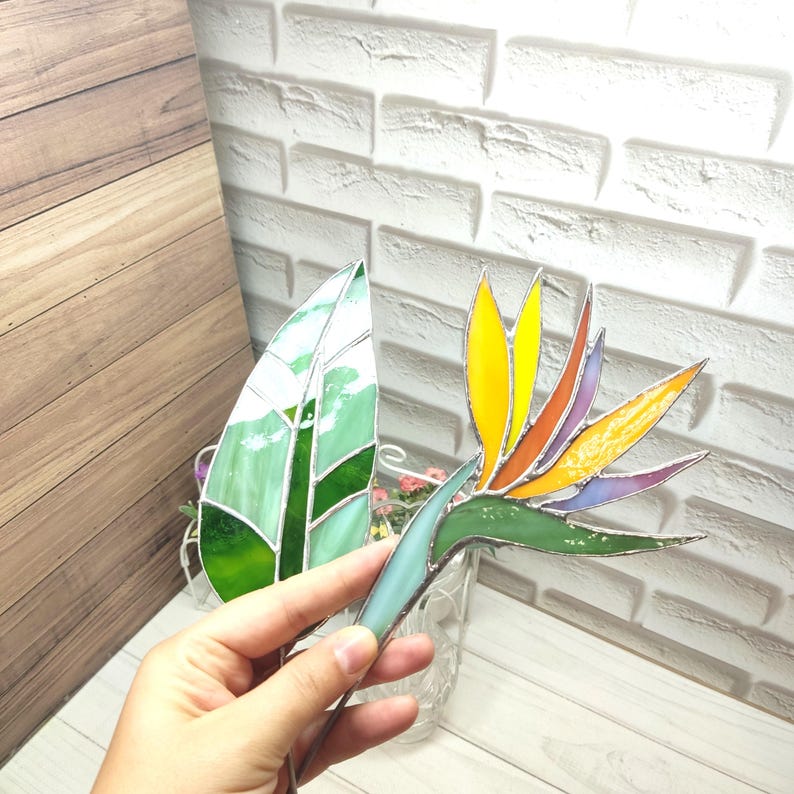 Handmade Stained Glass Bird of Paradise and Leaf Garden Stake, Gift for ...