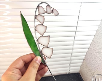 Stained glass lily of the valley, white May flower plant stake, handmade wedding gift