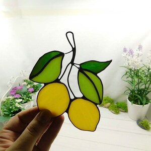 Stained glass lemon, handmade Yellow Lemons on Branch window hanging Suncatcher Fruit Art Glass Home Decor Panel Ornament Wall Hanging
