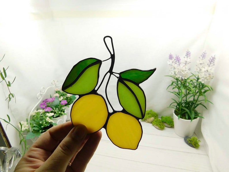 Stained glass lemon, handmade Yellow Lemons on Branch window hanging Suncatcher Fruit Art Glass Home Decor Panel Ornament Wall Hanging