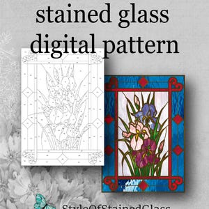 Irismålning med glasmönster, blommig fönsterdesign (PDF-nedladdning A3-storlek)