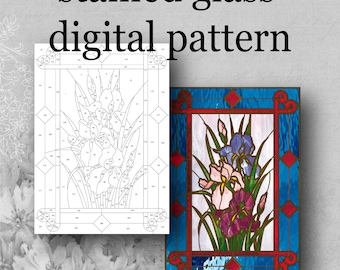 Iris Stained Glass Pattern, Floral Window Design (PDF Download A3 Size)