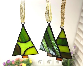 Stained glass small Christmas tree, set of 3 pcs, window hangings decor