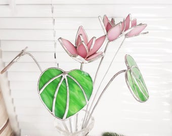 Pink Stained Glass Lily Stake for Vase, Planter or Garden Decor
