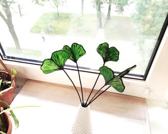 Handmade Stained Glass Ginkgo Leaf Garden Stake for Vase, Planter or Garden