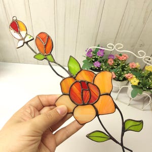 Stained glass handmade rose for window decoration, rose suncatcher, stained glass flower, Rose ornament, Stained glass window