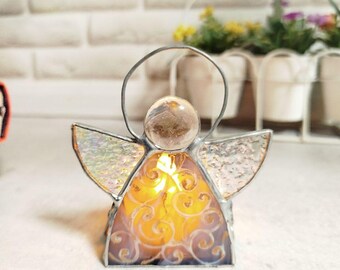 Stained Glass Angel Tealight Candle Holder, Handmade Guardian Angel Home Decor Gift