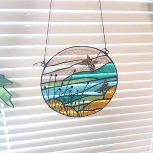 Stained glass nature landscape handmade, glass panel Nature Ornament, picture memorial, mountains hanging, glass Landscape window hanging