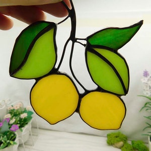 Stained glass lemon, handmade Yellow Lemons on Branch window hanging Suncatcher Fruit Art Glass Home Decor Panel Ornament Wall Hanging