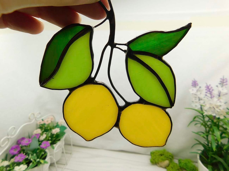 Stained glass lemon, handmade Yellow Lemons on Branch window hanging Suncatcher Fruit Art Glass Home Decor Panel Ornament Wall Hanging