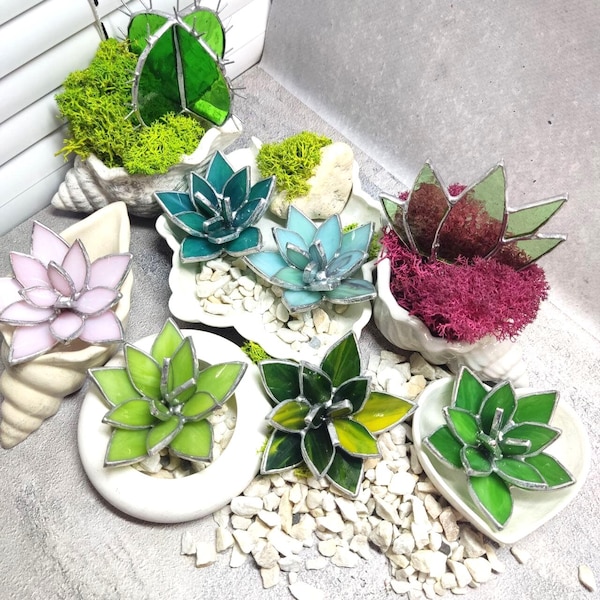 Stained Glass Succulent Sculpture, Handmade Glass Cactus Decor, Unique Plant Lover Gift