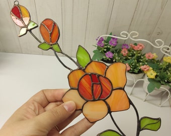 Stained glass rose for window decoration, rose suncatcher, stained glass flower, Rose ornament, Stained glass window