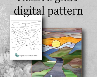 Modèle de vitrail de paysage de montagne PDF, projet de verre facile pour débutant, modèle attrape-soleil bricolage, conception nature imprimable