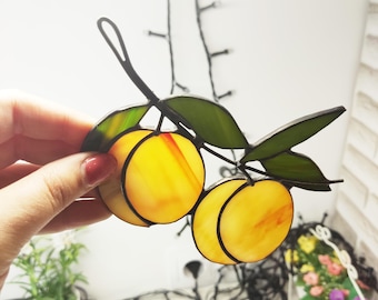 Stained glass peach, Fruit suncatcher, window hangings kitchen decor food ornament