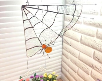 Stained Glass SpiderWeb Suncatcher, Halloween Spider  Window Decoration