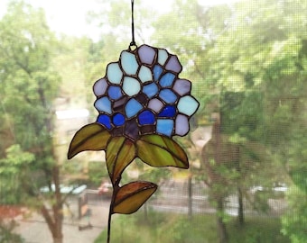 Stained glass blue hydrangea, Floral Suncatcher, Window Hanging Plant Decor
