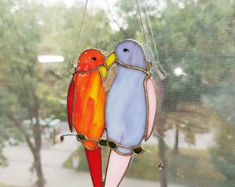 Stained Glass Parrot Couple Suncatcher on Branch, Modern Window Hanging