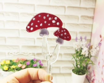 Transparent Glass mushrooms, decor in a flowerpot, garden red mushrooms, fly agaric Amanita