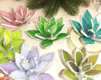 Stained Glass Succulent, Handmade Glass Plant Decor for Shelf or Planter