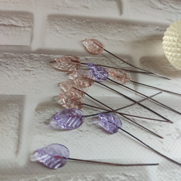 Glass leaf headpin, miniature flower, flower headpins, glass beads, glass flower, small tiny miniature, glass flower bouquet, tiny flower