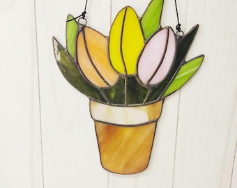 Stained Glass Tulips in Pot, Flower Suncatcher Window Hanging Decor, Mother's Day Gift