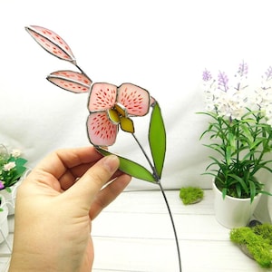 Stained glass orchid, Pink flower 3d for a vase, garden decor, gift for mom
