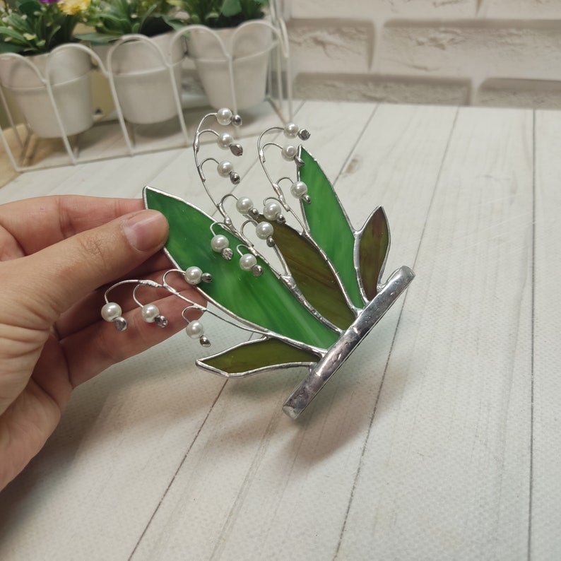 Stained glass lily of the valley, 3d decor, floral suncatcher, Window Wall Hangings, Glass Lily, stained glass flower, stain glass plant image 2