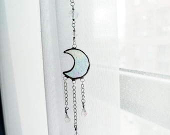 Iridescent Moon Car Charm, Stained Glass Rearview Mirror Hanging, Handmade Decor
