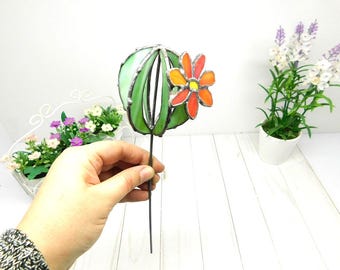 Stained Glass Cactus Stake, Cactus Flower Garden Decor, Succulent Plant Gift